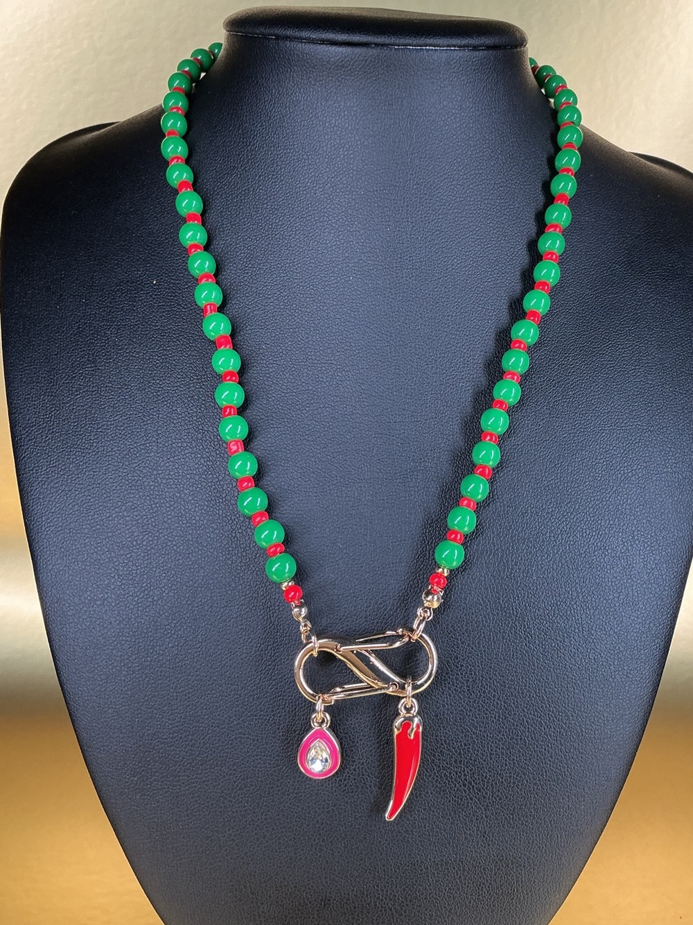 Green and Red Beaded Necklace with Red Pepper Charm & Crystal Pear Shaped Charm